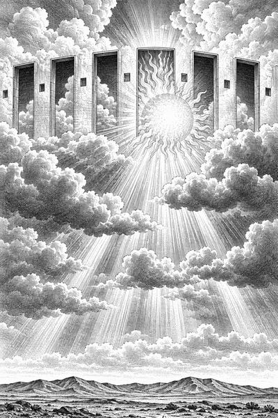 天文書插圖：雲天上的諸門與太陽