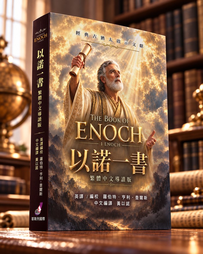 《以諾一書繁體中文導讀版》立體書影：書立於書桌，可見書脊與封面